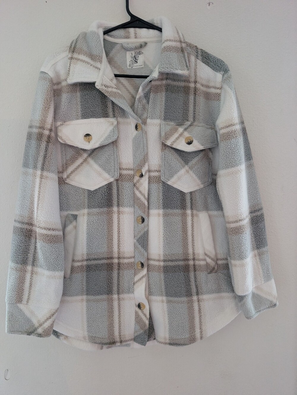 Altar'd State Cream & Gray Plaid Sherpa Shacket